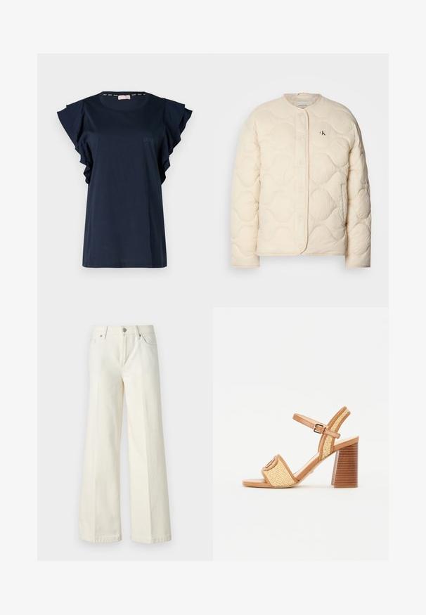 Calvin Klein Jeans INSULATED LINER JACKET - Žieminė striukė - fog; Tamsiai mėlyna marškinė su trumpomis volanėlėmis, apvaliu kaklu ir subtiliu LIU JO logotipu atitinkančia spalva priekyje. Lygus audinio tekstūra.; Platūs balti džinsai, pagaminti iš medvilnės mišinio. Yra užtrauktukas, penkių kišenių dizainas ir siūlės išsiuvinėjimas.; Rudos odinės ir audinės šiaudinės aukštakulnės šlepetės su kulkšnies juostele, atvira nosimi ir plačiu medinį primenančiu kulniuku su horizontaliais raštais.