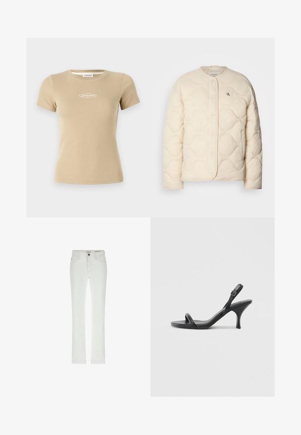 Calvin Klein Jeans INSULATED LINER JACKET - Vinterjacka - fog; Beige randig kortärmad t-shirt med rund halsringning och vitt "guess jeans"-logotyp framtill. Mjuk tygkänsla.; Vita jeans med smal passform, 5-fickorsdesign och kontrasterande sömmar. Har en knappstängning och en diskret varumärkesetikett i midjan.; Svarta läder högklackade sandaler med en smal, böjd klack och ett korsat remdesign. Justerbar ankelrem. Slät textur.