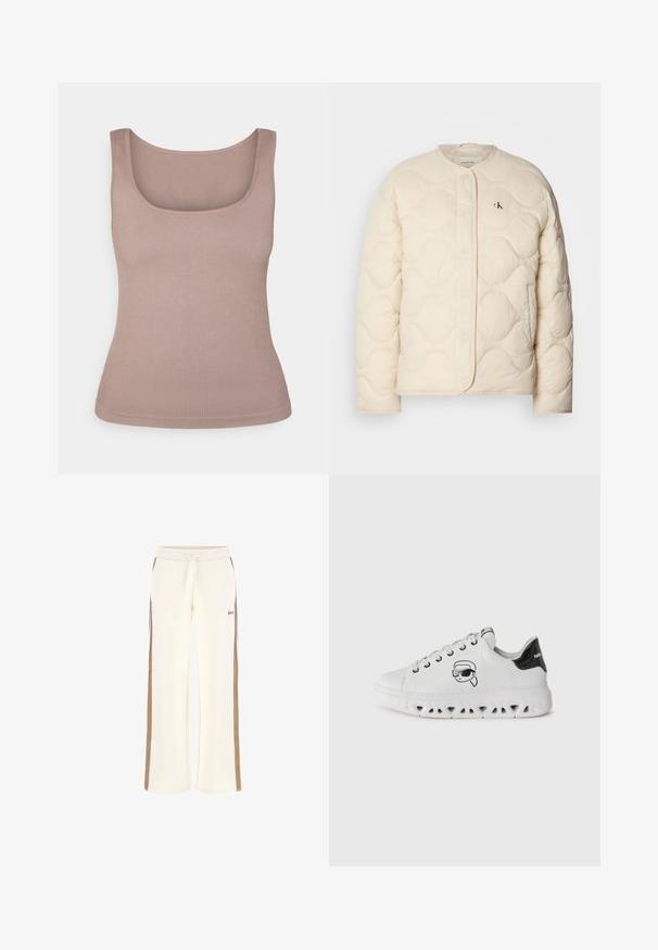 Calvin Klein Jeans INSULATED LINER JACKET - Vinterjakker - fog; Ribbet tanktop i blød beige, med firkantet halsudskæring og ærmeløs design. Materialet har en glat tekstur med en tætsiddende form.; Cremefarvede sweatpants med brede ben, kontrasterende brune sidelater, snoretræk i taljen og broderet logo-detail. Blød stoftekstur.; Hvide sneakers med rund tå, teksturerede hvide såler, med en sort glitrende hælkappe og et trykt karakter, der bærer solbriller.