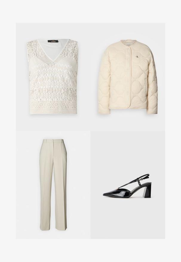 Calvin Klein Jeans INSULATED LINER JACKET - Téli dzseki - fog; Fehér ujjatlan felső V-kivágással, bonyolult horgolt mintával és texturált mintákkal. Puha, könnyű anyag.; Beige, egyenes szabású nadrág, elől redőkkel, lapos derekú és sima textúrával a tiszta végeredmény érdekében.; Fekete lakk bőrből készült slingback magas sarkú cipők hegyes orral, állítható pánttal és vastag téglalap alakú sarokkal.