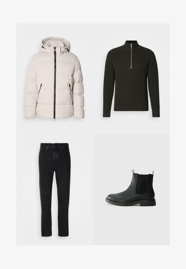 Chaqueta tipo plumón en beige claro, con capucha, cremallera frontal y dos bolsillos laterales con cremallera. Diseño acolchado texturizado con puños elásticos.; Suéter negro de punto acanalado con un alto cuello y un cierre de cremallera corto, que presenta mangas largas y un diseño ajustado.; Jeans de mezclilla negra con un diseño de pierna recta, que presentan un cierre de botón y cremallera, bolsillos frontales y una textura sutil.; Botas Chelsea de cuero negro con paneles laterales elásticos, lengüetas para tirar, puntera redondeada y suela de goma texturizada. Superficie lisa y diseño robusto.