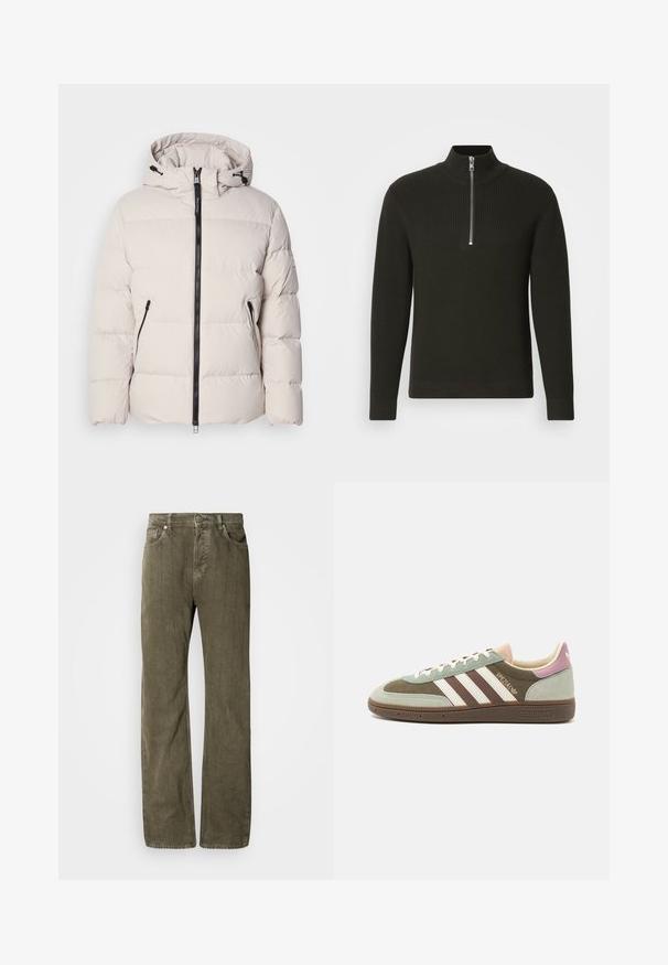 Pufferjack in lichtbeige, met een capuchon, ritssluiting aan de voorkant en twee ritszakken aan de zijkant. Gelaagd, gewatteerd ontwerp met elastische manchetten.; Zwarte geribbelde trui met hoge kraag en een korte ritssluiting, voorzien van lange mouwen en een slim fit ontwerp.; Olijfgroene rechte jeans van textuurkatoen. Heeft vijf zakken, een metalen knoopsluiting en subtiele verticale naden.; Suède en textielsneaker in groen, bruin en beige met drie witte strepen. Bevat een lichtroze accent op de hiel en een gestructureerde outsole.