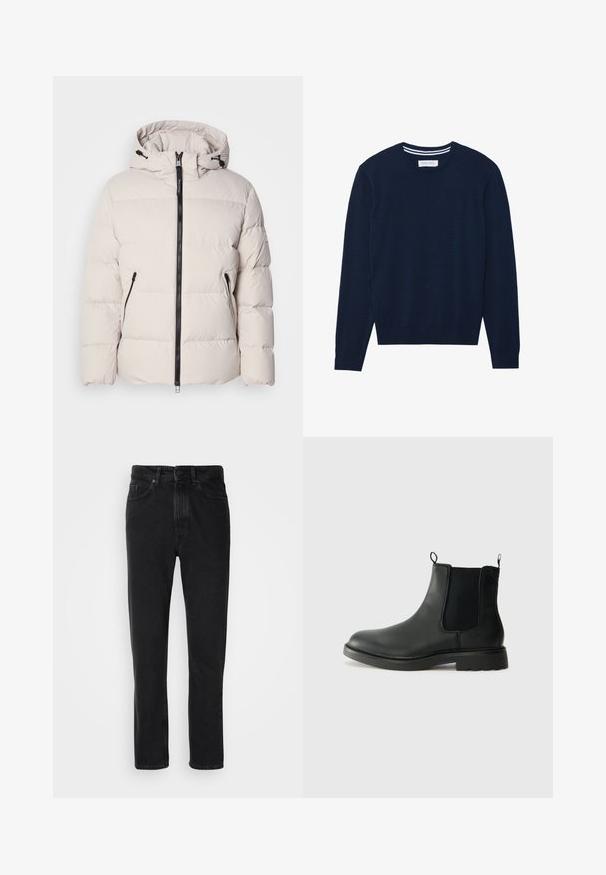 Chaqueta tipo plumón en beige claro, con capucha, cremallera frontal y dos bolsillos laterales con cremallera. Diseño acolchado texturizado con puños elásticos.; Suéter de punto azul marino con cuello redondo, mangas largas y puños acanalados. Presenta un detalle de rayas en contraste en el collar.; Jeans de mezclilla negra con un diseño de pierna recta, que presentan un cierre de botón y cremallera, bolsillos frontales y una textura sutil.; Botas Chelsea de cuero negro con paneles laterales elásticos, lengüetas para tirar, puntera redondeada y suela de goma texturizada. Superficie lisa y diseño robusto.