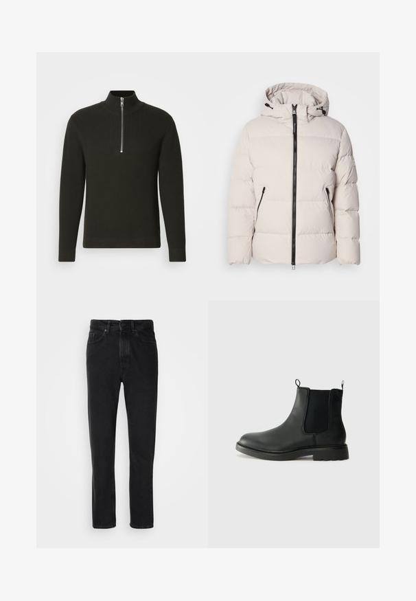 Puffer jacket in light beige, featuring a hood, front zipper, and two zippered side pockets. Textured, quilted design with elastic cuffs.; Black ribbed knit sweater with a high collar and a short zip closure, featuring long sleeves and a slim fit design.; Black denim jeans with a straight leg design, featuring a button and zipper closure, front pockets, and subtle texture.; Black leather chelsea boots with elastic side panels, pull tabs, rounded toe, and textured rubber sole. Smooth surface and sturdy design.