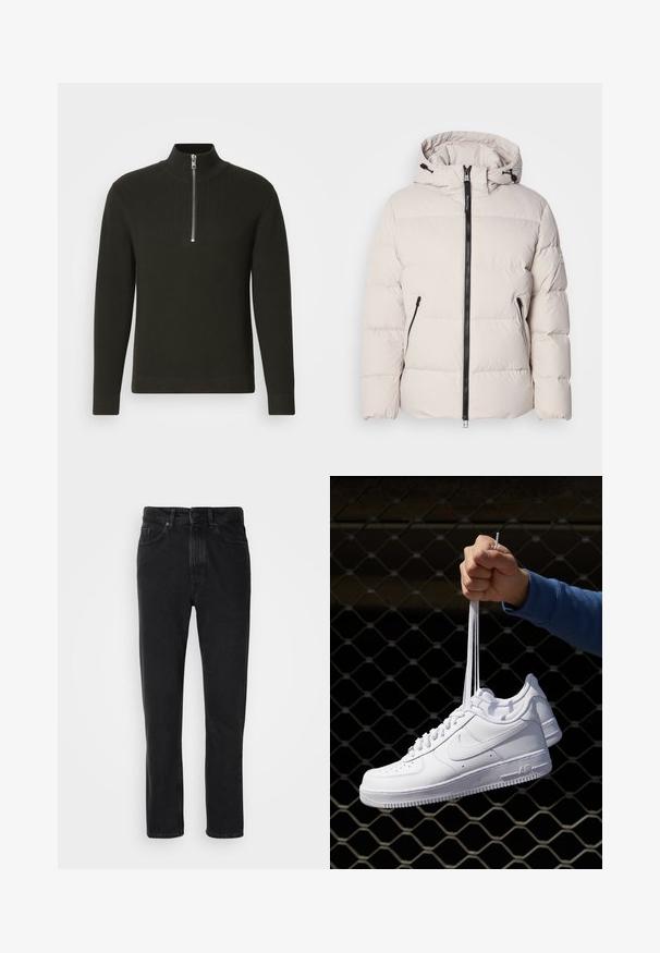 Kerged žakk heledas beežis, millel on kapuuts, esi tõmblukk ja kaks lukuga küljetaskut. Tekstureeritud, tikandiga disain elastsete mansettidega.; Mustriga musta lõngaga kudum, millel on kõrge kaelus ja lühike tõmblukk, pika varrukaga ja slim fit disainiga.; Mustmustest denim püksid sirge jala lõikega, varustatud nööbi ja luku sulgemisega, ees olevate taskute ning peene tekstuuriga.; Valged nahast tennisetossud, millel on perforatsioonid, ümar nina, lame tallus ja paksud nöörid, nähtava swooshi logoga ja "AIR" kontsadel.