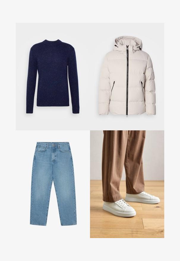 Casaco puffer em bege claro, com capuz, fecho frontal e dois bolsos laterais com fecho. Design texturizado e acolchoado com punhos elásticos.; Scotch & Soda SPECKLED - Camisola - dark blue; Jeans de ganga de perna larga em azul-claro com cintura alta, apresentando cinco bolsos, passadores para cinto e uma textura suave, ligeiramente desbotada.; Pessoa a usar ténis brancos texturizados de cano baixo e calças castanhas largas, em pé num chão de madeira clara.