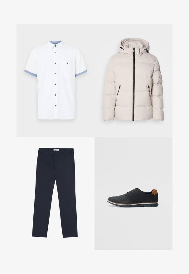 Pufferjack in lichtbeige, met een capuchon, ritssluiting aan de voorkant en twee ritszakken aan de zijkant. Gelaagd, gewatteerd ontwerp met elastische manchetten.; Korte mouwen witte shirt, katoen, met knoopsluiting, blauwe accenten op de mouwen, één borstzak, vijf donkere knopen.; Marineblauwe chino's van katoen met een gladde textuur, voorzien van een ritssluiting, riemlussen en zijzakken voor functionaliteit.; Zwarte synthetische schoenen met een gestructureerde bovenkant, gladde accenten, bruine hak en een contrasterende zool. Bevat minimale veters en stikdetails.