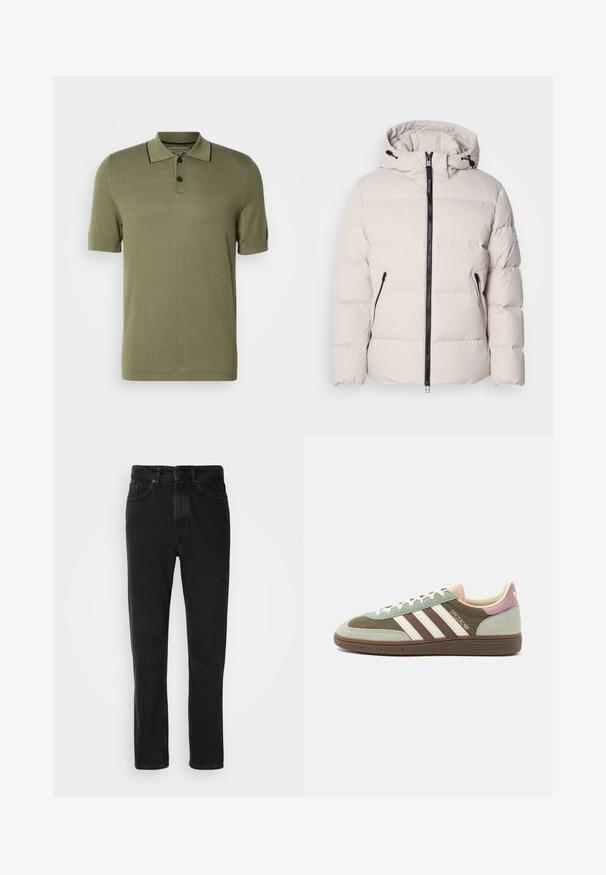 Kerged žakk heledas beežis, millel on kapuuts, esi tõmblukk ja kaks lukuga küljetaskut. Tekstureeritud, tikandiga disain elastsete mansettidega.; Oliivroheline lühikeste varrukatega polo särk, millel on kaks musta nuppu ja must ääris kaeluse servas.; Mustmustest denim püksid sirge jala lõikega, varustatud nööbi ja luku sulgemisega, ees olevate taskute ning peene tekstuuriga.; Roheline, pruun ja beež tekstiilist ja nahast toss, millel on kolm valget triipu. Kanna peal on hele roosa aktsent ning tekstuuriga tallad.