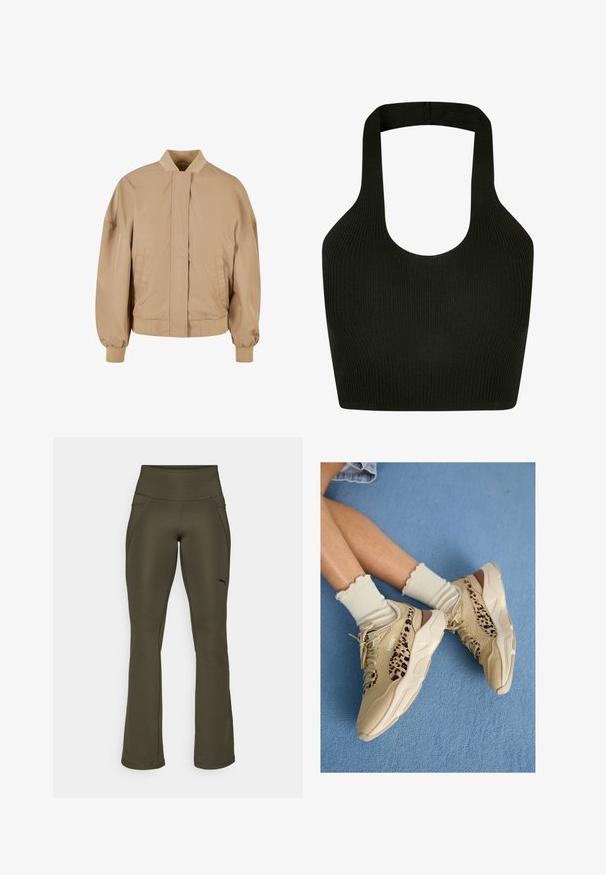 Chaqueta bomber beige con cuello alzado, cremallera frontal, bolsillos laterales, puños y dobladillo acanalados. Textura de tejido suave y ligero.; Top corto de halter negro con cuello redondo y tirantes gruesos, que presenta un tejido de punto texturizado para mayor elasticidad y comodidad.; Pantalones deportivos de color verde oliva con una cintura alta, textura suave, piernas acampanadas y un logo sutil en el lado izquierdo. Con dos bolsillos laterales.; Piernas cruzadas con zapatillas Puma beige con rayas de estampado de leopardo y calcetines crema con volantes sobre una alfombra azul.