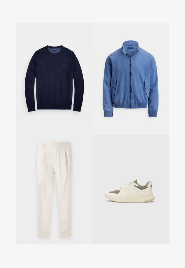 Blå bomberjacka i bomullsblandning med dragkedja framtill, ståkrage, två sidofickor, ribbade muddar och en subtil broderad logotyp på bröstet.; Marinblått stickat tröja med rund halsringning, långa ärmar och liten broderad logotyp på vänster bröst. Slät textur.; Vita, plisserade byxor med skräddarsydd passform, med en mjuk yta, bälteshängare och avsmalnande ben. Inga synliga fickor eller mönster.; Vit och ljusbeige atletisk sneaker med ett meshöverdrag, perforerade detaljer och en texturerad mellansula med varumärke på hälen.