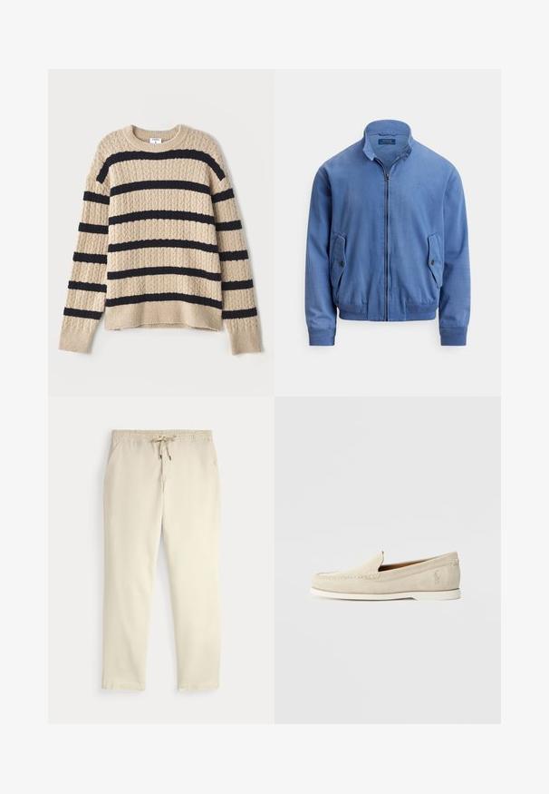 Sinine puuvillasegust pommirüü, millel on ees lukk, seisv kaelus, kaks küljetaskut, soonilised mansetid ning rinnal õrnalt tikitud logo.; Beež kudumine särk tumesiniste horisontaalsete triipudega, millel on tekstuuritud mustriga ja soonikda. Ringkaelus ja vaba lõige.; Kreemjatavad vabaaja püksid elastse vöökoha ja tõmbluku, sirgete jalgade ja küljetaskutega tavalise tausta ees.; Polo Ralph Lauren MERTON VENETIAN LOAFER - Mokassiinid - milkshake