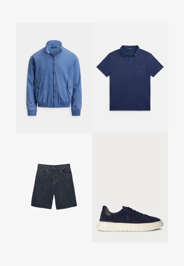 Modrá bomber bunda zo zmesi bavlny so zipsom na prednej strane, stojacím golierom, dvoma bočnými vreckami, rebrovanými manžetami a jemne vyšitým logom na hrudi.; Tmavomodré polo tričko z bavlny s preloženým golierom, krátkymi rukávmi a náprsným vreckom s malým logom.; Džínové šortky v tmavomodrej farbe, so sviežim klasickým dizajnom piatich vreciek, pútkami na opasok a zapínaním na gombík; textúrovaná látka s jemným vyblednutím.; Námořnické semišové nízké tenisky s texturovaným povrchem, gumovou podrážkou a tónovými tkaničkami, přičemž na boku a patě je malé logo.