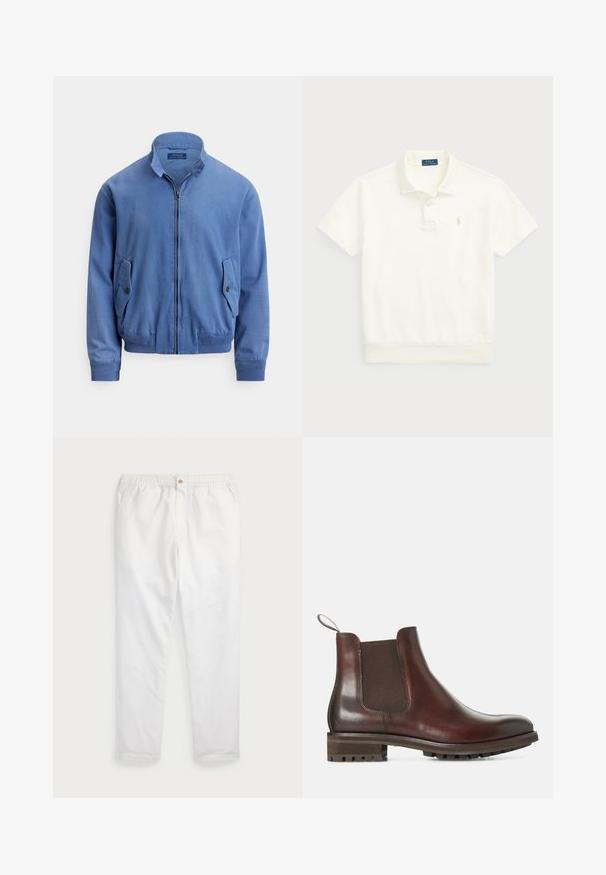 Mėlynas medvilnės mišinio bombonešio striukė su užtrauktuku priekyje, stovinčiu apykakle, dviem šoninėmis kišenėmis, ribinėmis rankogaliais ir subtiliu įsiuvinėtu logotipu ant krūtinės.; Polo Ralph Lauren LOOPBACK FLEECE POLO-COLLAR SWEATSHIRT - Polo marškinėliai - clubhouse cream; Baltos medvilnės kelnes su elastine juosta ir vienu auksiniu mygtuku, tiesaus kirpimo dizainu, glotnia tekstūra ir be matomų raštų.; Rudos odinės Chelsea botai su elastiniais šonų paneleis, traukimo juosta ir tekstūruotu guminiu padu. Lygus paviršius su tvirtu žemu kulnu.