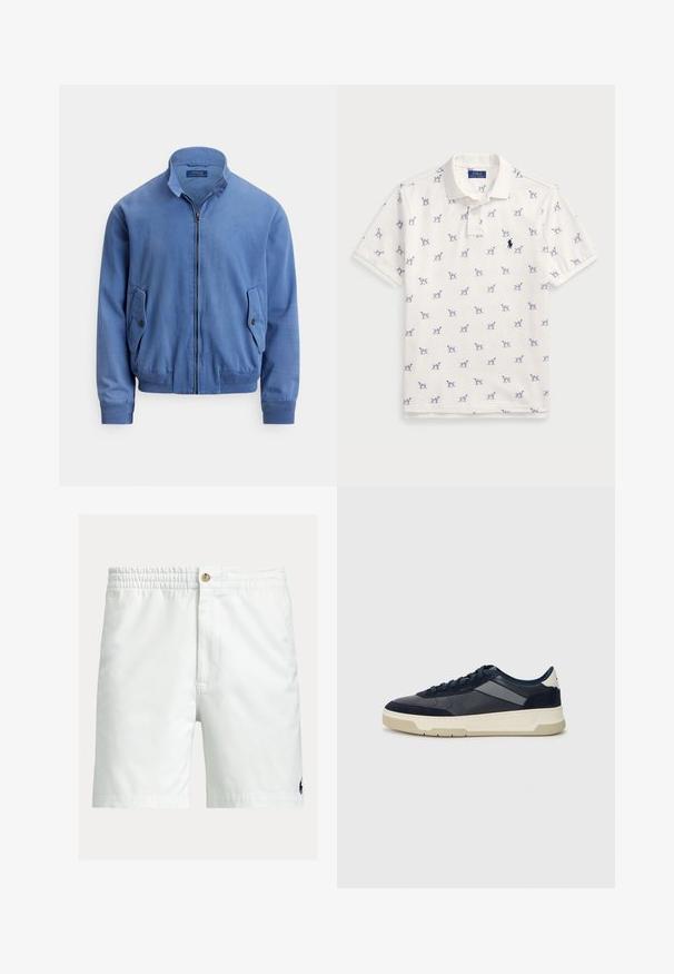 Casaco bomber em algodão misto azul com fecho de correr frontal, gola alta, dois bolsos laterais, punhos canelados e um logótipo bordado subtil no peito.; Camisola polo branca feita de algodão, com um padrão repetido de cães azuis e um pequeno logotipo azul no peito. Mangas curtas e colarinho.; Calções de banho brancos com cintura elástica, fecho de botão e um pequeno detalhe de logótipo azul-marinho. Feitos de tecido leve e suave.; BOSS BALTIMORE - Sapatilhas - open blue