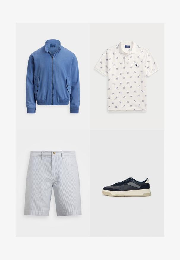 Bomber in misto cotone blu con chiusura frontale con zip, colletto alto, due tasche laterali, polsini a coste e un sottile logo ricamato sul petto.; Polo bianco in cotone, con motivo a cani blu ripetuto e un piccolo logo blu sul petto. Maniche corte e colletto.; Pantaloni corti a righe in azzurro chiaro e bianco. Realizzati in cotone, con chiusura a bottoni, tasche laterali e orlo dritto.; BOSS BALTIMORE - Sneakers basse - open blue