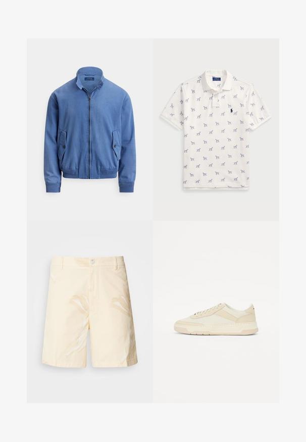 Kék pamutkeverék bomberdzseki elöl cipzárral, álló gallérral, két oldalzsebbel, bordás mandzsettával és a mellrészen diszkrét hímzett logóval.; Fehér póló, pamutból készült, ismétlődő kék kutyás mintával és egy kis kék logóval a mellkason. Rövid ujjak és gallér.; Világos sárga pamut rövidnadrág virágmintával. Gombos záródással, elülső zsebekkel és egyenes szabással, hemzsgélési szélekkel rendelkezik.; Krémszínű sportcipő sima bőrből és textilből; alacsony profilú dizájn kerek orral és fűzős zárással; texturált oldalsó kiegészítők.