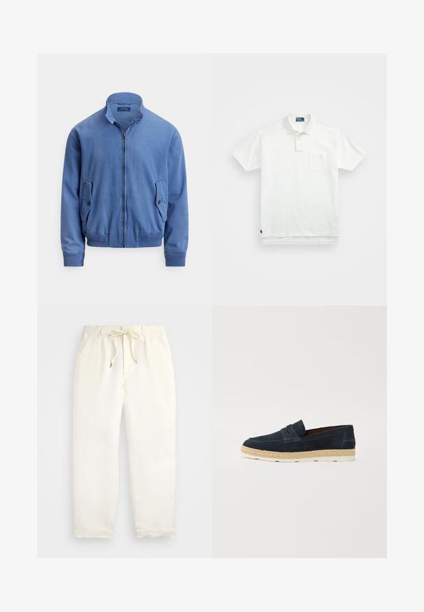 Zils kokvilnas maisījuma bomber jakas ar rāvējslēdzēja aizmuguri, stāvošu apkakli, divām sānu kabatām, ribainām aprocēm un smalku izšūtu logotipu krūtīs.; Balta polo krekls, izgatavots no kokvilnas, ar klasisku apkakli, trīs pogu aizdari un kreisajā krūtī kabatu; neliels logo apakšmalā.; Gaiši krēmkrāsas, ikdienišķi bikses, izgatavotas no mīkstas auduma. Iespējas ietver elastīgu jostu ar auklu un sašaurinātu kāju dizainu.; Jūras spēku krāsas zili zābaki bez aizdare ar vieglu balto gumijas zoli un austiem jūras augu elementiem gar malām; gluda tekstūra un vienkāršs dizains.