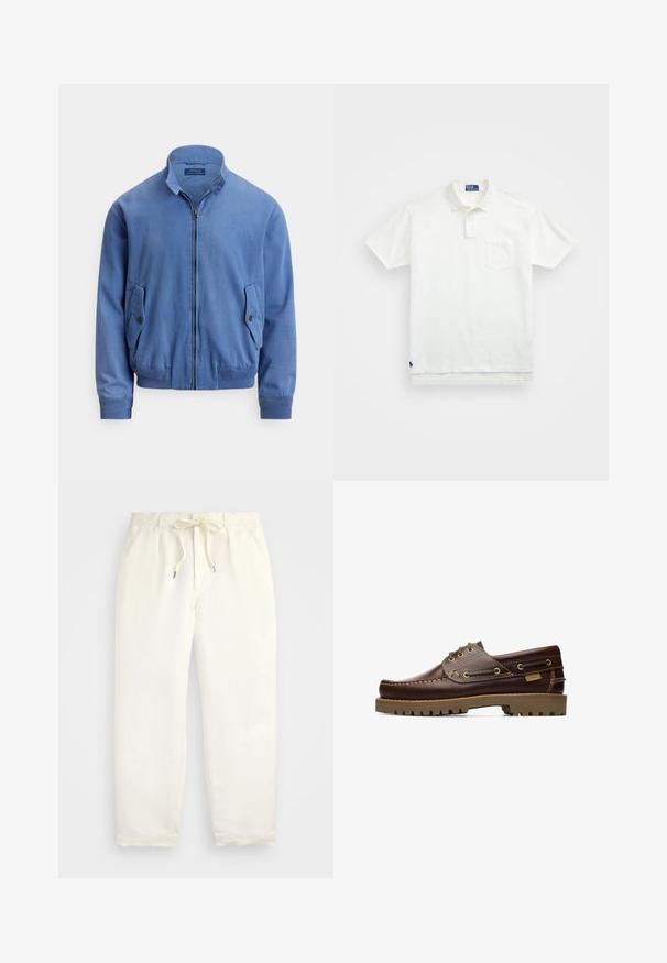 Kék pamutkeverék bomberdzseki elöl cipzárral, álló gallérral, két oldalzsebbel, bordás mandzsettával és a mellrészen diszkrét hímzett logóval.; Fehér pólóing, pamutból készült, klasszikus gallérral, háromgombos végigfutóval és bal oldali zsebével; kis logó a szegélyen.; Világos krém színű, puha anyagból készült könnyed nadrág. Rugalmas derékpánttal és húzózsinórral rendelkezik, valamint keskenyített lábdesign jellemzi.; Barna bőr fűzős csónakcipő, varrott részletekkel és vastag gumitalppal, oldalsó nézetből.