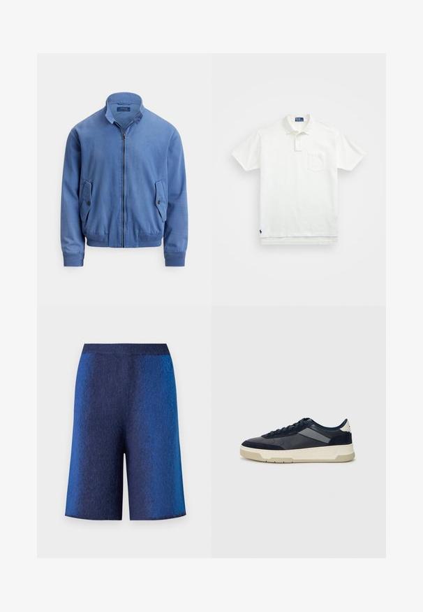 Kék pamutkeverék bomberdzseki elöl cipzárral, álló gallérral, két oldalzsebbel, bordás mandzsettával és a mellrészen diszkrét hímzett logóval.; Fehér pólóing, pamutból készült, klasszikus gallérral, háromgombos végigfutóval és bal oldali zsebével; kis logó a szegélyen.; Sötétkék rövidnadrág textúrázott felszínből, egyenes szabással és varrás nélküli derékpánttal, amely a kényelem és a laza megjelenés érdekében készült.; BOSS BALTIMORE - Sportcipő - open blue