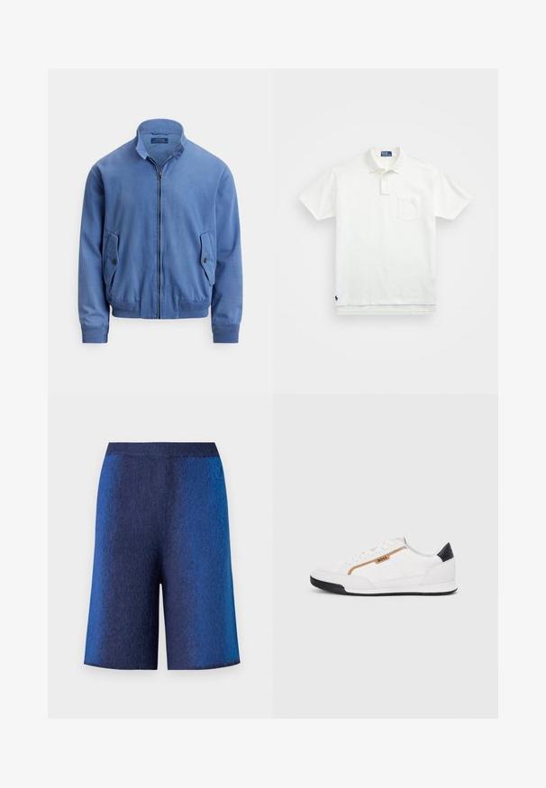 Kék pamutkeverék bomberdzseki elöl cipzárral, álló gallérral, két oldalzsebbel, bordás mandzsettával és a mellrészen diszkrét hímzett logóval.; Fehér pólóing, pamutból készült, klasszikus gallérral, háromgombos végigfutóval és bal oldali zsebével; kis logó a szegélyen.; Sötétkék rövidnadrág textúrázott felszínből, egyenes szabással és varrás nélküli derékpánttal, amely a kényelem és a laza megjelenés érdekében készült.; Fehér sportcipők, hálós és bőr díszítésekkel. Kiemelkedő arany "BOSS" logó, textúrázott oldalpanelekkel és fekete sarokkal. Gumi talp.