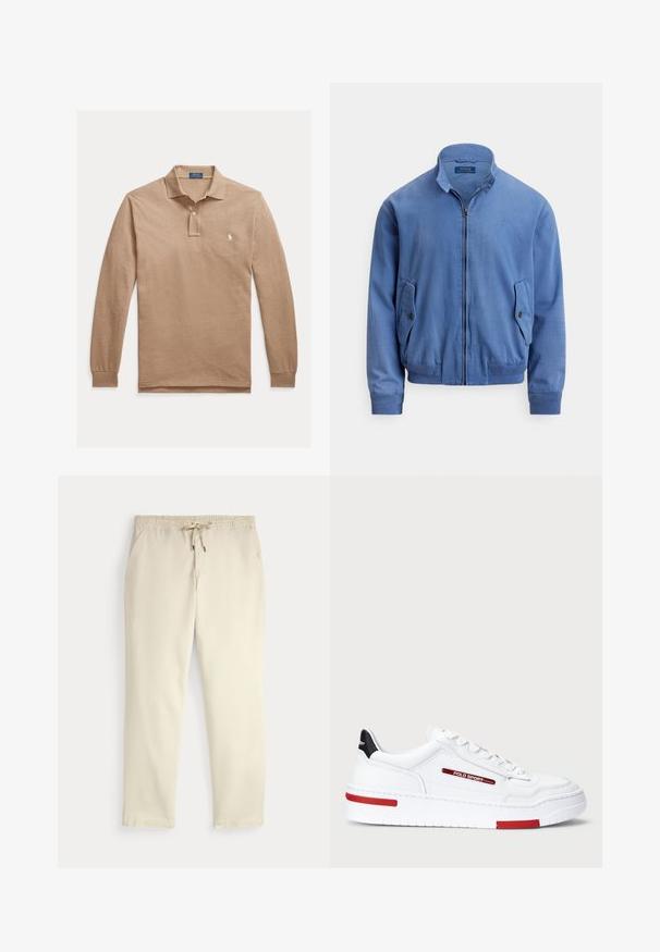 Niebieska bomberka z mieszanki bawełny, z zamkiem z przodu, stójką, dwoma bocznymi kieszeniami, ściągaczami na rękawach i subtelnym haftowanym logo na piersi.; Polo Ralph Lauren Big & Tall - Koszulka polo; Casualne spodnie w kolorze off-white z elastycznym pasem i sznurkiem, proste nogawki i boczne kieszenie na jednolitym tle.; Białe niskie sneakersy z gładkiej skóry, z czerwonymi i czarnymi akcentami, wyszywanymi detalami oraz grubą białą podeszwą.