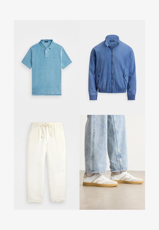 Niebieska bomberka z mieszanki bawełny, z zamkiem z przodu, stójką, dwoma bocznymi kieszeniami, ściągaczami na rękawach i subtelnym haftowanym logo na piersi.; Polo Ralph Lauren - Koszulka polo; Jasna kremowa, casualowa para spodni wykonanych z miękkiego materiału. Posiada elastyczny pas ze sznurkiem i zwężający się krój nogawek.; Białe sneakersy z beżowymi zamszowymi akcentami i jasnymi gumowymi podeszwami; charakteryzują się niskim krojem i teksturowanymi detalami na cholewce.