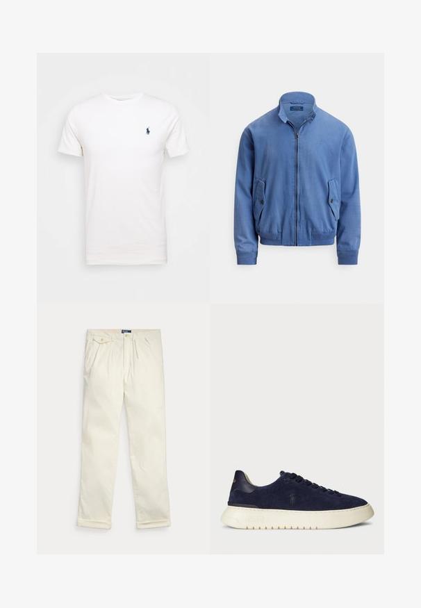 Zils kokvilnas maisījuma bomber jakas ar rāvējslēdzēja aizmuguri, stāvošu apkakli, divām sānu kabatām, ribainām aprocēm un smalku izšūtu logotipu krūtīs.; Balta kokvilnas T-kreklu ar apaļo kaklu. Uz kreisā krūškurvja ir neliela tumši zilā krāsa logo. Īsas piedurknes, gluda tekstūra.; Krēmkrāsas kordurojas bikses ar bantiem, sānu kabatām, kabatu ar aizpogājamu atloku un salocītām aprocēm, novietotas uz balta fona.; Jūras kara flotes zamšādas zemas kedas ar strukturētu virsmu, gumijas zoli un tonālām šņorēm, ar mazu logotipu uz sāna un papēža.