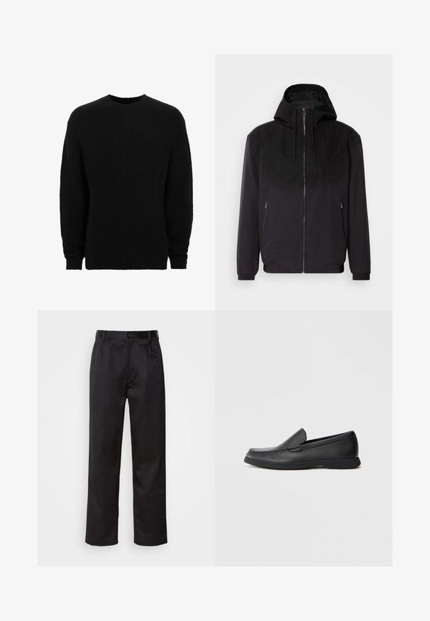 Black zip-up jacket with a hood, featuring a textured upper panel with pinstripes, elastic cuffs, and two side zippered pockets.; Black sweater made of textured knit fabric, featuring a crew neckline and long sleeves, with ribbed cuffs and hem.; Black trousers made of smooth fabric, featuring a front button closure, pleats, and straight legs. No visible patterns or accents.; Black leather slip-on loafer with textured upper, rounded toe, low heel, and rubber sole, shown in side profile on white background.