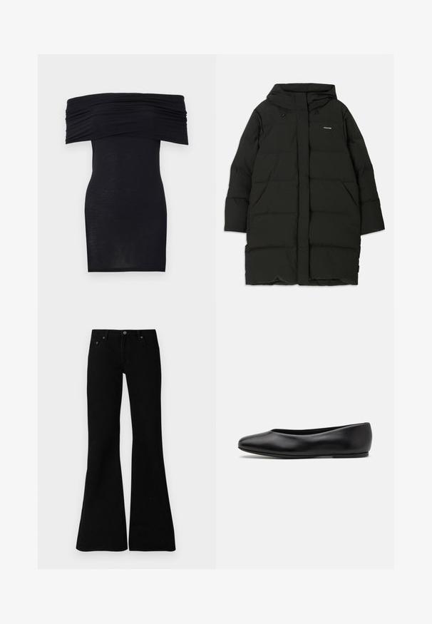 Mustapuffer-takki, jossa on huppu, suora leikkaus, etutaskut ja sileä pinta. Kohokuvioitu logo rinnassa.; Musta olkaimeton mekko, jossa on kootut kaula-auko, kapea leikkaus ja sileä tekstuuri. Minimalistinen muotoilu, polvipituisuus ilman lisäkoristeita.; Musta leveälahkeinen farkut, jotka on valmistettu denimistä, ominaisuuksina klassinen viidentaskujen muotoilu, nappisulku ja hienovaraiset ompeluyksityiskohdat saumoissa.; Paul Smith TOPANGA - Ballerinat - black