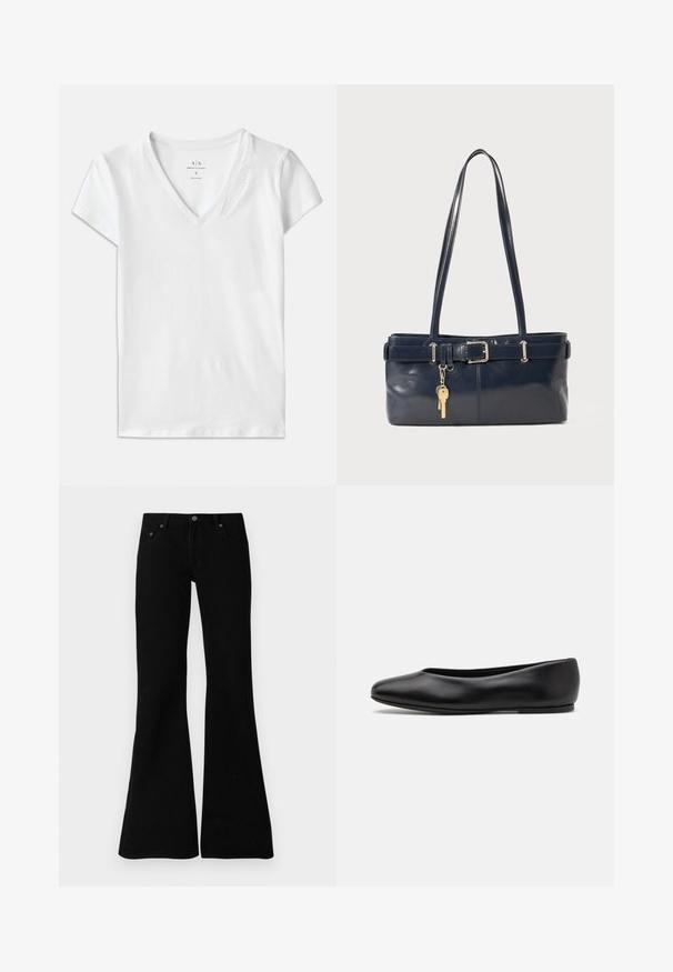 Sort pufferjakke med hætte, med lige snit, frontlommer og en glat tekstur. Prægede logo på brystet.; Hvid kortærmet V-hals t-shirt lavet af bomuld, med en subtil prægning af "Armani Exchange" detalje på kraven.; Sorte flagrende jeans lavet af denim, med et klassisk fem-lomme design, knaplukning og subtile syninger langs sømmene.; Paul Smith TOPANGA - Ballerinasko - black; Mørkeblå læderhåndtaske med to lange håndtag, en spænde detaljer og en nøglering vedhæftet. Den har en glat tekstur og en rektangulær form.