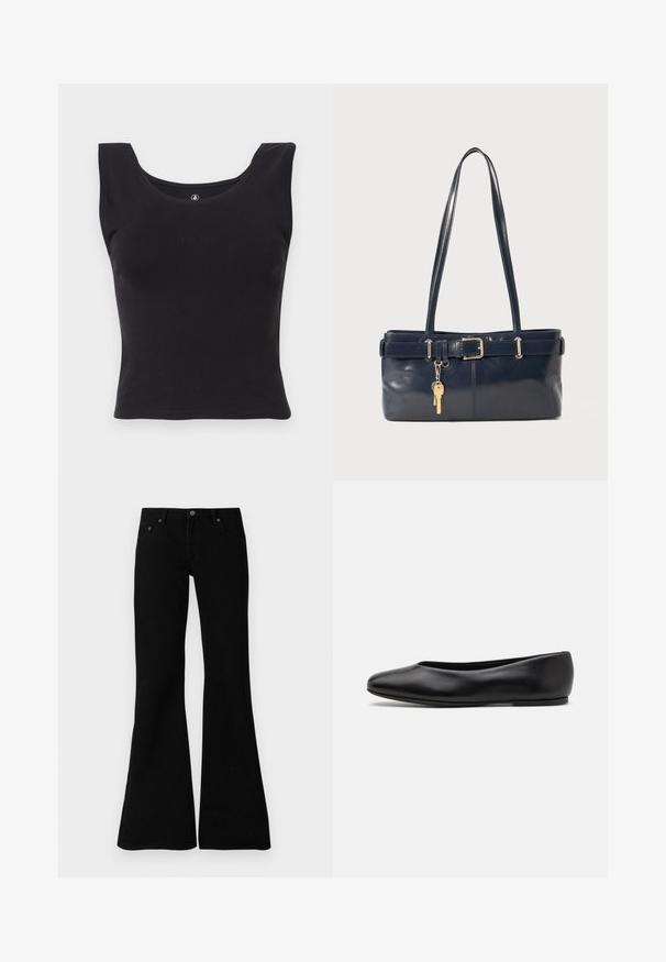 Black puffer coat with a hood, featuring a straight cut, front pockets, and a smooth texture. Embossed logo on the chest.; Black sleeveless tank top made from cotton, featuring a scoop neckline and a fitted design. Subtle embossed "Volcom" logo on the front.; Black flared jeans made from denim, featuring a classic five-pocket design, button closure, and subtle stitching details along the seams.; Paul Smith TOPANGA - Ballet pumps - black; Navy leather handbag with two long handles, a buckle detail, and a keychain attached. Features a smooth texture and a rectangular shape.