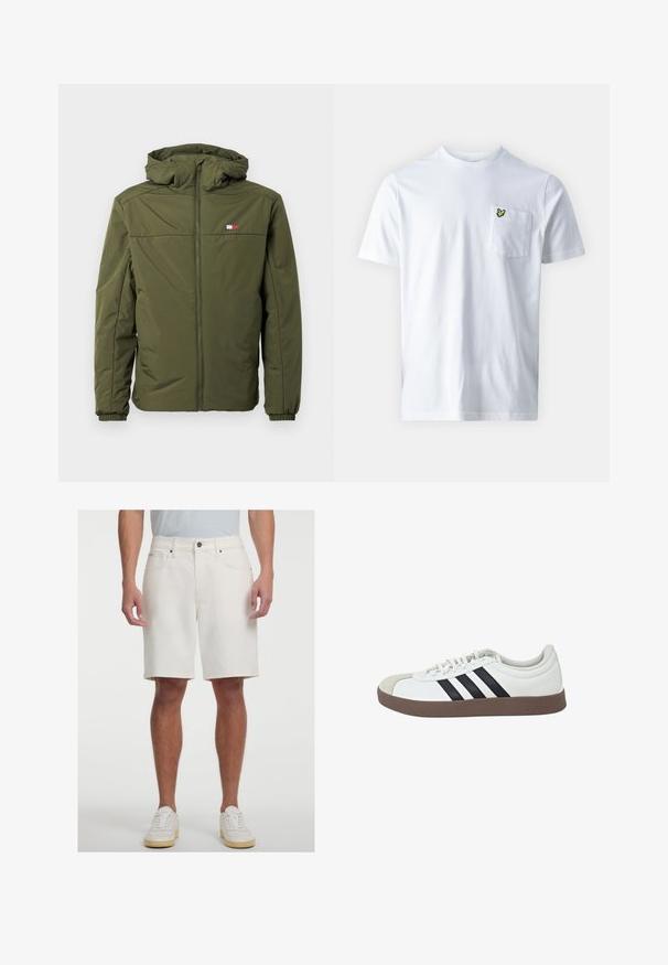 Olivgrüne Pufferjacke mit Reißverschluss, Kapuze, elastischen Bündchen und einem kleinen mehrfarbigen Logo auf der linken Brust. Glatte Stofftextur.; Weißes Baumwoll-T-Shirt mit Rundhalsausschnitt, kurzen Ärmeln und einer linken Brusttasche, die ein kleines gelbes Schmetterlingslogo zeigt.; Weiße Jeansshorts mit geradem Schnitt, fünf Taschen und einer vorderen Knopfleiste. Glatte Textur und knielanger Schnitt.; Weißer Sneaker mit grauem Wildlederzehenkappen, schwarzem Drei-Strich-Design und brauner Gummisohle. Verfügt über eine Schnürung vorne und einen gepolsterten Kragen.