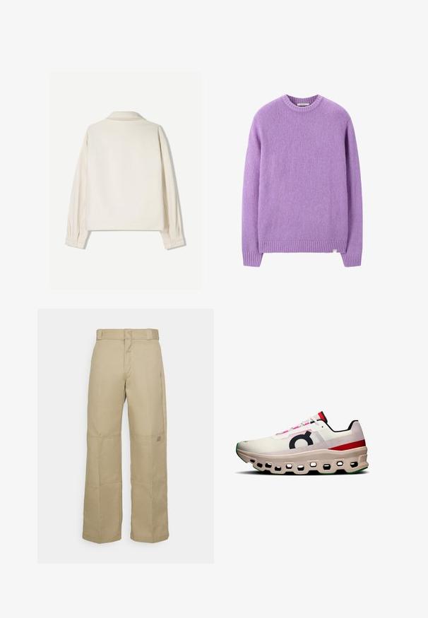 Veste crème avec un col structuré, des manches longues et des poignets boutonnés. Fabriquée en tissu texturé avec une coupe carrée et des détails minimalistes.; Pull tricot violet avec un col rond, des poignets et un ourlet côtelés, présentant un tissu texturé et une petite étiquette en bas à gauche.; Pantalons larges beiges en tissu résistant, dotés d'une taille haute, de coutures visibles et d'un petit logo sur le côté.; Chaussure de course avec une tige en mesh blanche et des accents roses, un grand logo noir et une semelle crème épaisse avec des découpes hexagonales et des détails verts.