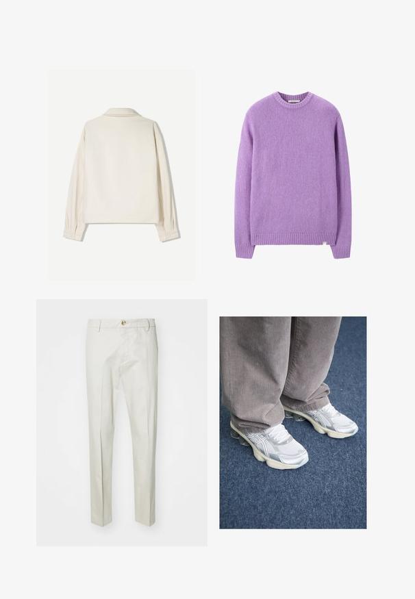 Cremfarbener Blazer mit strukturiertem Kragen, langen Ärmeln und knöpfbaren Manschetten. Aus strukturiertem Stoff mit schmalem Schnitt und minimaler Detailverarbeitung.; Lila gestrickter Pullover mit Rundhalsausschnitt, gerippten Bündchen und Saum, ausgestattet mit einem strukturierten Stoff und einem kleinen Etikett unten links.; Hellbeige Hosen aus weichem, strukturiertem Stoff. Mit Knopfverschluss, Gürtelschlaufen und geraden Beinen. Sauberes, maßgeschneidertes Design.; Weiße Sport-Schuhe aus Netzmaterial mit silbernen Akzenten, einer dicken Sohle und Schnürsystem. Getragen mit grauer Cordhose. Blauer Teppich als Hintergrund.