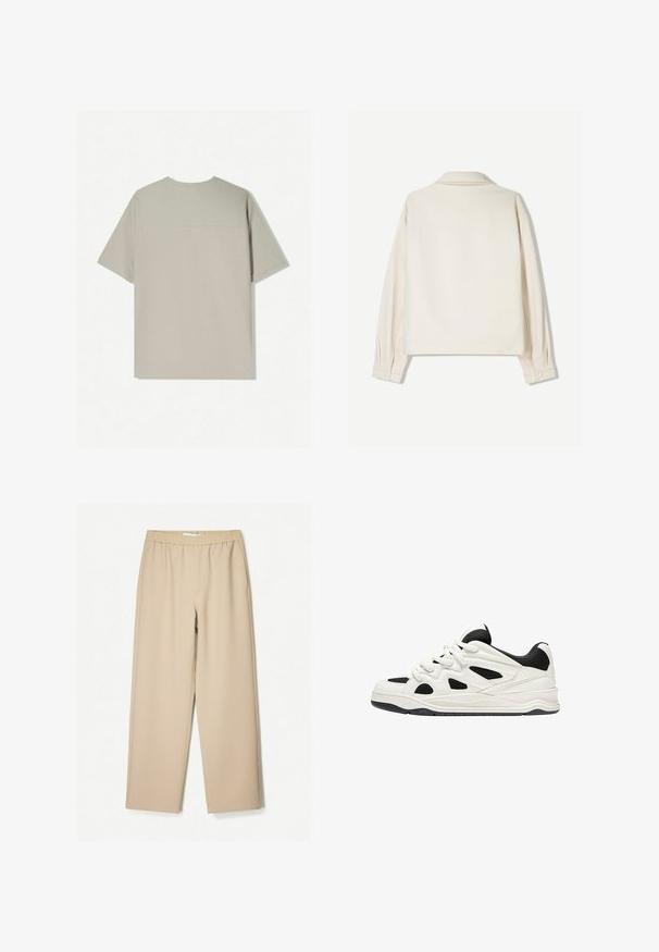Kremasto oblačilo z oblikovanim ovratnikom, dolgimi rokavi in gumbi na zapestjih. Narejeno iz teksturirane tkanine z kvadratnim krojem in minimalnimi detajli.; Bež bombažna majica s kratkimi rokavi. Ima preprost dizajn in okroglo ovratnico. Gladka tekstura z minimalnim šivom na hrbtni strani.; Beige široke hlače z elastičnim pasom, izdelane iz mehkega blaga, z gladko teksturo in minimalnimi šivi.; Bele in črne športne čevlje z teksturiranim podplatom, ki vsebujejo izrezljane vzorce na straneh in vezalkah ter oblazinjeno zadnjo stran za podporo.