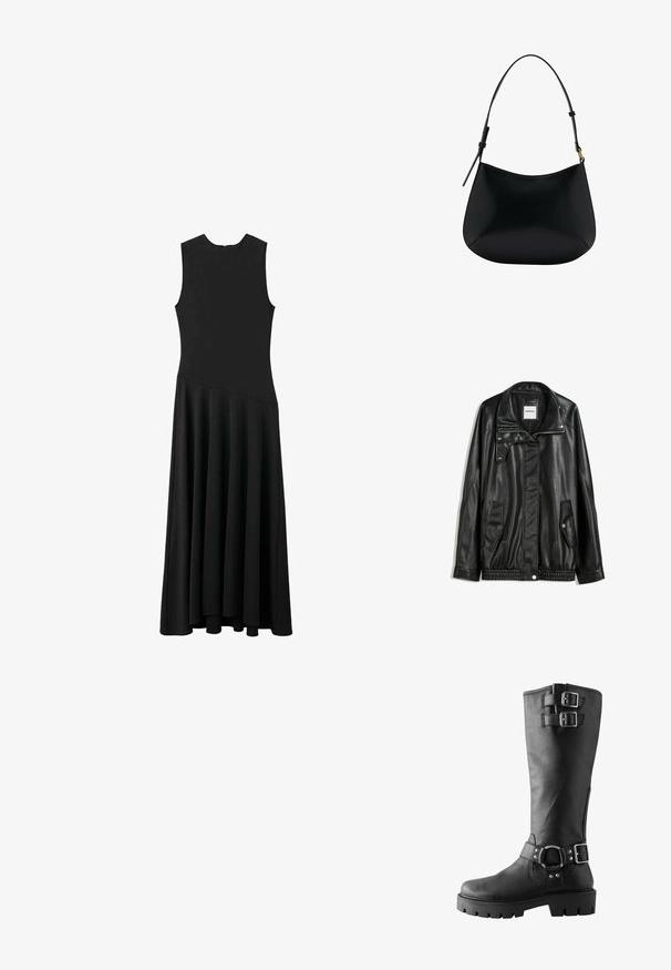 Čierna kožená bunda s predným zipsom, skladacím zapínaním, dvoma bočnými vreckami a elastickým spodným okrajom. Má štruktúrovaný golier a hladkú textúru.; Čierne bezrukávové maxi šaty s priliehavým živôtikom a rozšírenou sukňou, s hladkou textúrou a minimalistickým dizajnom, bez viditeľného zapínania.; Next Čižmy na platforme - mottled black; Čierna kožená kabelka na rameno s hladkou textúrou, zakriveným tvarom a nastaviteľným popruhom. Obsahuje minimálne švy a jednoduchý dizajn.; Čierna kožená kabelka na rameno s hladkou textúrou, zakriveným tvarom a nastaviteľným popruhom. Obsahuje minimálne švy a jednoduchý dizajn.; Čierna kožená kabelka na rameno s hladkou textúrou, zakriveným tvarom a nastaviteľným popruhom. Obsahuje minimálne švy a jednoduchý dizajn.