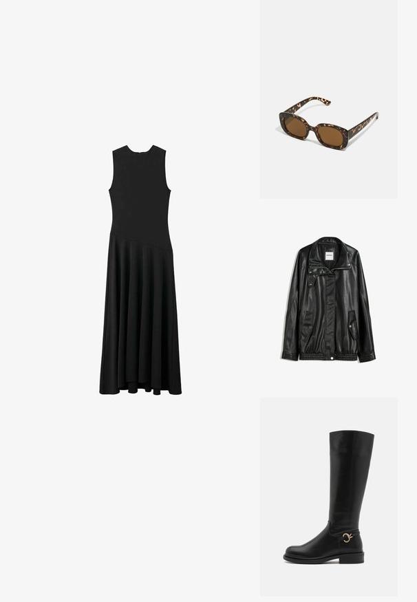 Veste en cuir noir avec fermeture éclair à l'avant, patte de boutonnage, deux poches latérales et ourlet élastiqué. Elle présente un col structuré et une texture lisse.; Robe maxi noire sans manches avec un corsage ajusté et une jupe évasée, arborant une texture lisse et un design minimaliste, sans fermetures visibles.; Anna Field Wide Fit Bottes - black; Lunettes de soleil en écaille de tortue avec une monture ronde et épaisse et des verres marron. Présente des motifs subtils et des branches droites et effilées.; Sac à épaule en cuir noir avec une texture lisse, une forme courbe et une poignée ajustable. Présente des coutures minimales et un design simple.