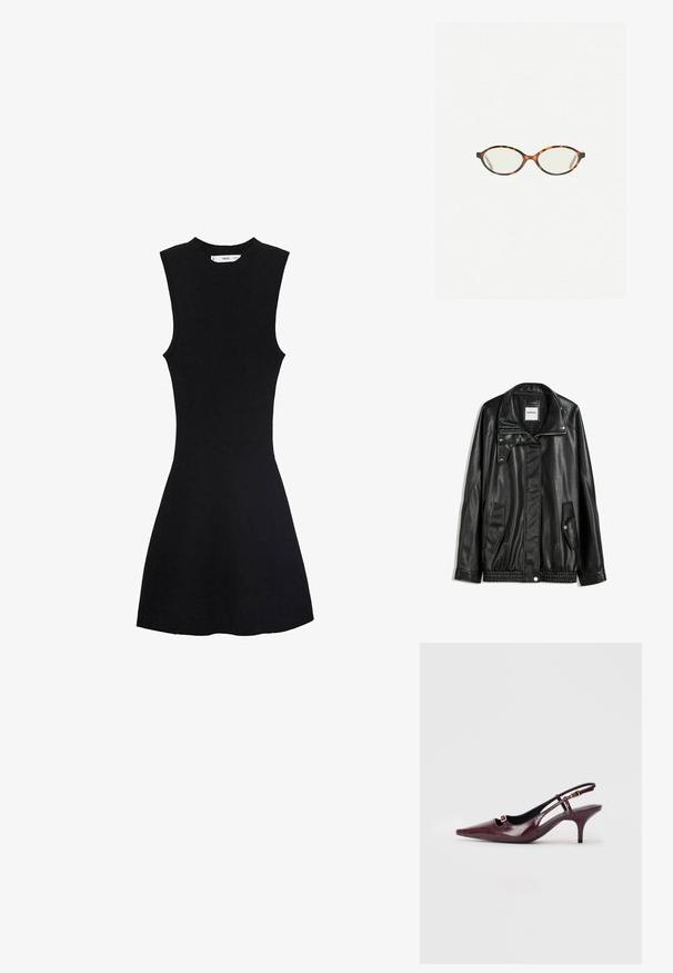 Schwarze Lederjacke mit Reißverschluss vorne, Knopfverschluss, zwei seitlichen Taschen und elastischem Saum. Verfügt über einen strukturierten Kragen und eine glatte Textur.; Schwarzes ärmelloses Strickkleid mit tailliertem Oberteil und ausgestelltem Rock. Der Stoff wirkt glatt mit einer dezenten gerippten Textur.; Burgunderfarbene Slingback-Absätze mit einer spitzen Zehenform, glänzender Lederoberfläche, kleinem Ausschnitt vorne und schmalem Stiletto-Absatz mit goldenen Akzenten.; Schildpatt-Eyegläser mit ovalen Gläsern und einer eleganten, glatten Oberfläche. Mit dünnen Seiten und einer subtilen Kurve an den Schläfen. Klare Gläser.; Rote Lederhandtasche mit strukturiertem Design, ausgestattet mit einem oberen Griff, glatter Textur und einer Klappenverschluss. Schlichte und moderne Form.