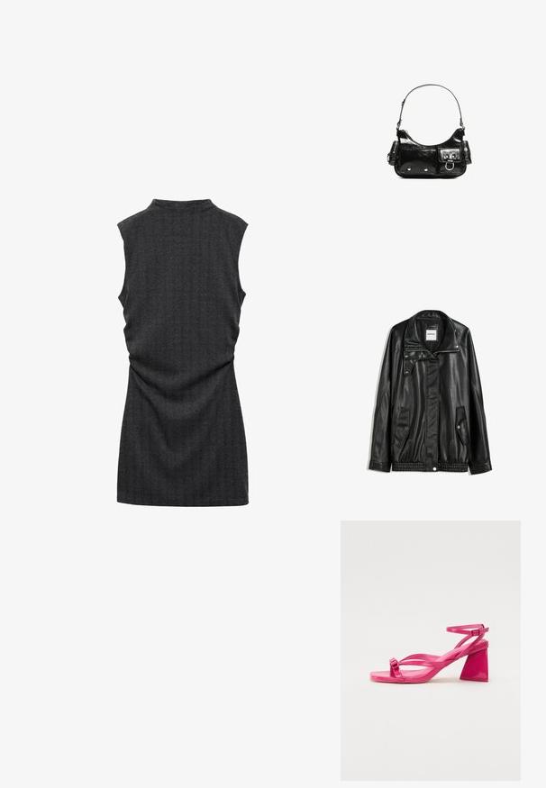 Zwarte leren jas met rits aan de voorkant, drukknopen-sluiting, twee zijzakken en elastische onderrand. Beschikt over een gestructureerde kraag en een gladde textuur.; Mouwloze grijze top met een ronde halslijn, voorzien van een textuurstof en een geplooid detail aan de achterkant voor extra vorm.; Roze lakleren sandalen met hakken, een vierkante punt, smalle banden en een geometrische blokhak. Met een gespdetail op de band.; Zwarte laarzen in lakleer met een gebogen vorm, één schouderband, voorvakken en accenten in zilverkleurig metaal.