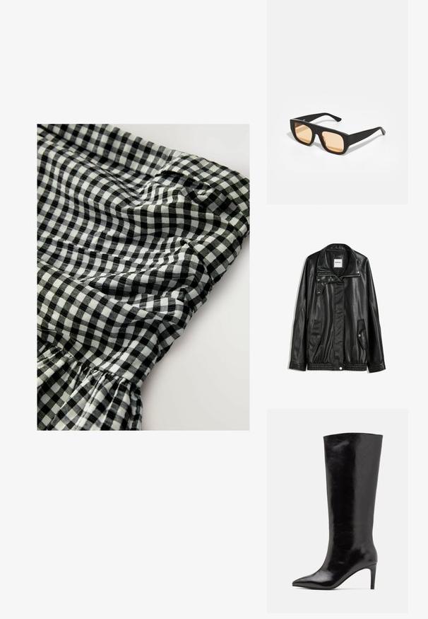 Jachetă din piele neagră cu fermoar frontal, închidere cu capse, două buzunare laterale și tiv elastic. Prezintă un guler structurat și o textură netedă.; Material gingham alb-negru cu un tiv elastic, prezentând detalii pliate și o suprafață moale, texturată.; Call it Spring RHODDE - Cizme cu toc - black; Ochelari de soare pătrați negri cu lentile de nuanță portocalie. Finisaj mat cu rame groase. Tempi drepți fără ornamentații.