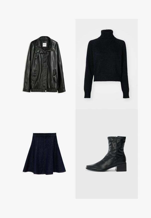 Svart läderjacka med dragkedja framtill, tryckknappsstängning, två sidofickor och elastiskt fåll. Har en strukturerad krage och slät yta.; Mörkstickad polotröja med en cropad design, med ribbade ärmslut och nederkant, samt en texturerad väv genom hela tröjan.; Denim A-linje kjol i mörkblå med kontrasterande gula sömmar. Har en åtsittande midja med utsvängd nederkant, slät textur och inga dekorationer.; Svart läderkänga till mitten av vaden med fyrkantig tå, sidsdragkedja och klack på en helt vit bakgrund.