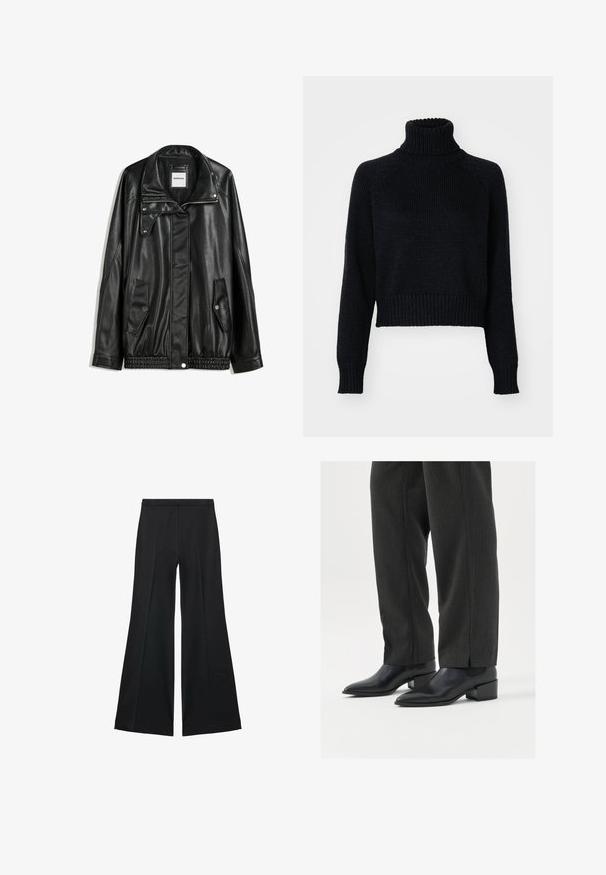 Črna usnjena jakna z zadrgo spredaj, zapiranjem na gumb, dvema stranskima žepoma in elastičnim robom. Ima strukturiran ovratnik in gladko teksturo.; Temna pletena turtleneck pulover s skrajšanim dizajnom, ki ima rebraste manšete in spodnji del ter teksturirano tkanino po celotni dolžini.; Črne široke hlače z gladko teksturo, ki imajo sprednje nabore in kroj po meri. Tkanina je lahka in zračna.; Črni usnjeni gležnjarji z ostrim nosom in nizko, široko peto, kombinirani s temnimi črtastimi hlačami, ki rahlo prekrijejo zgornji del čevljev.