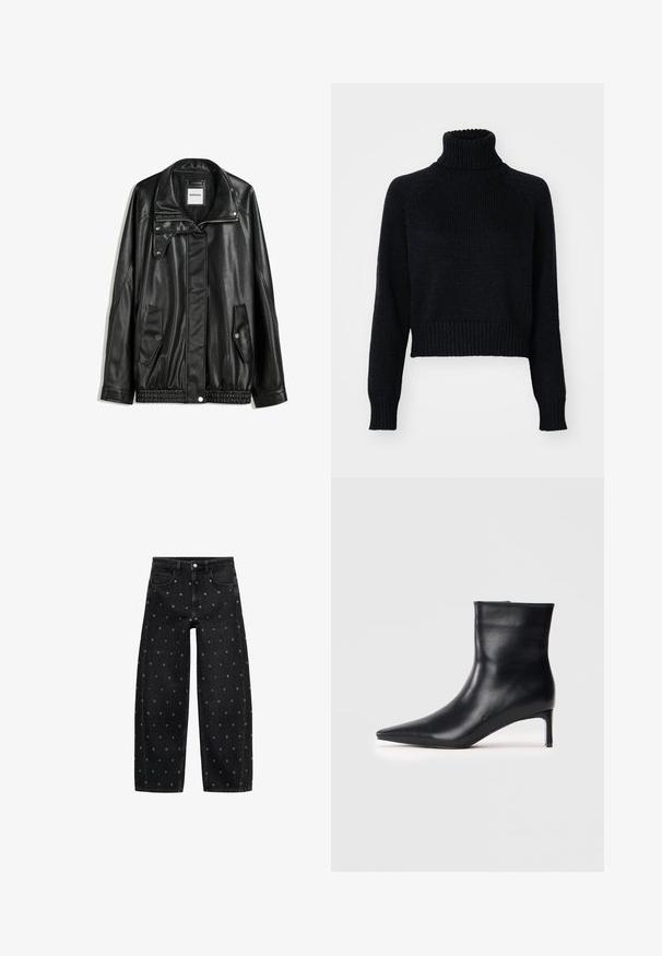 Czarna skórzana kurtka z zamkiem błyskawicznym z przodu, z zapięciem na napy, dwoma bocznymi kieszeniami i elastycznym dołem. Ma wyprofilowany kołnierz i gładką teksturę.; Czarny sweter z wysokim kołnierzem o skróconym fasonie, z ściągaczami na mankietach i u dołu oraz teksturowanym splotem na całej powierzchni.; Czarne dżinsy o szerokich nogawkach z wzorem małych srebrnych grommetów, z klasycznym pięciokomorowym krojem i zapięciem na guziki.; Czarna skórzana botka sięgająca kostki o spiczastej czubie, eleganckim kształcie i smukłym obcasie typu kitten heel. Gładka struktura bez widocznych ozdób.