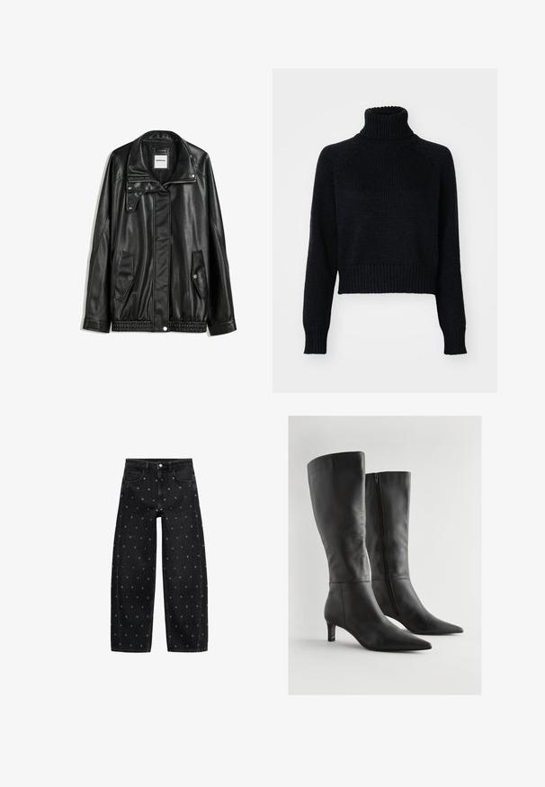 Černá kožená bunda s zipovým zapínáním, zapínáním na cvoky, dvěma bočními kapsami a elastickým lemem. Obsahuje strukturovaný límec a hladkou texturu.; Tmavý pletený rolák s cropped střihem, zdobený žebrovanými manžetami a lemem, a s texturovaným tkaním po celé ploše.; Černé denimové široké kalhoty s vzorem malých stříbrných očínek, klasickým pětikapsovým designem a zapínáním na knoflík.; Černé kožené kozačky ke kolenům mají špičatou špičku, nízký blokový podpatek a boční zip. Povrch je hladký s minimem detailů.