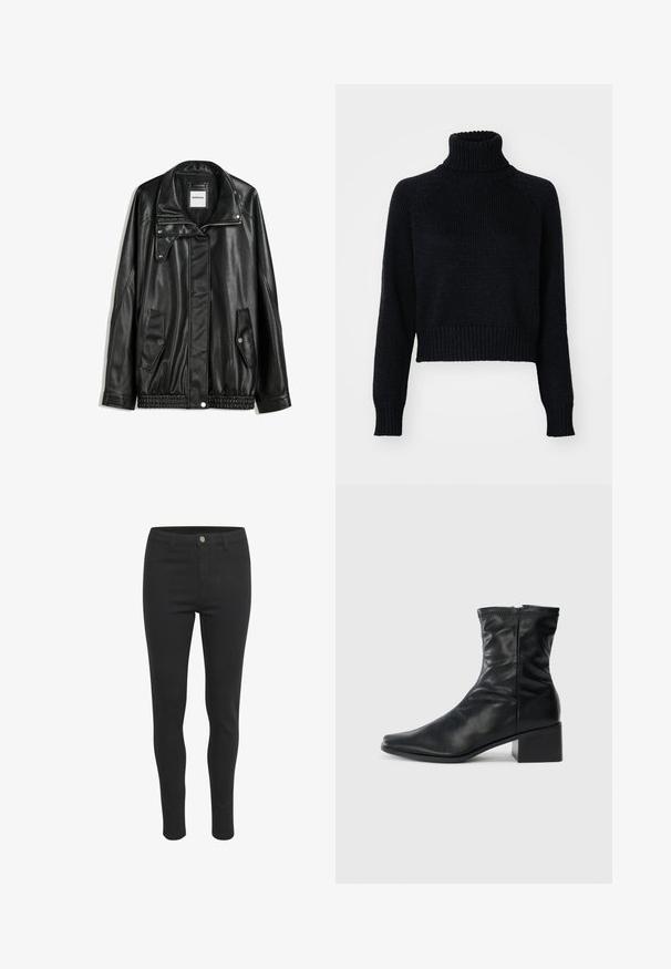 Čierna kožená bunda s predným zipsom, skladacím zapínaním, dvoma bočnými vreckami a elastickým spodným okrajom. Má štruktúrovaný golier a hladkú textúru.; Tmavý pletený rolák so skráteným strihom, s rebrovanými manžetami a spodným lemom a textúrovaným tkaním po celej ploche.; Čierne úzke džínsy s hladkou textúrou látky, so zapínaním na prednom gombíku, piatimi vreckami a priliehavým strihom.; Čierna kožená čižma po členky so štvorcovou špičkou, bočným zipsom a blokovým podpätkom na bielom pozadí.