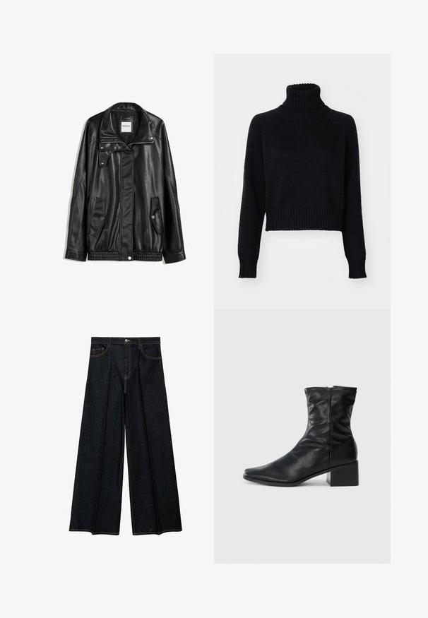 Czarna skórzana kurtka z zamkiem błyskawicznym z przodu, z zapięciem na napy, dwoma bocznymi kieszeniami i elastycznym dołem. Ma wyprofilowany kołnierz i gładką teksturę.; Czarny sweter z wysokim kołnierzem o skróconym fasonie, z ściągaczami na mankietach i u dołu oraz teksturowanym splotem na całej powierzchni.; Jeansy o szerokich nogawkach w ciemnym denimu, z wysokim stanem, kieszeniami z przodu i kontrastowym stębnowaniem. Gładka tekstura z dopasowanym wykończeniem.; Czarne skórzane botki do kostki z kwadratowym noskiem, suwakiem z boku i obcasem blokowym na jednolitym białym tle.