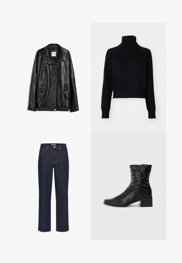 Černá kožená bunda s zipovým zapínáním, zapínáním na cvoky, dvěma bočními kapsami a elastickým lemem. Obsahuje strukturovaný límec a hladkou texturu.; Tmavý pletený rolák s cropped střihem, zdobený žebrovanými manžetami a lemem, a s texturovaným tkaním po celé ploše.; Gestuz SUMMER WIDE - Wide leg - unwashed denim; Černá kožená bota po lýtko se čtveratým špičkou, bočním zipem a blokovým podpatkem na jednobarevném bílém pozadí.