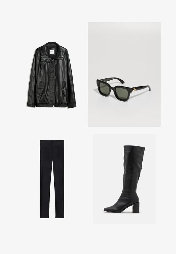 Sort læderjakke med lynlås foran, trykknaplukning, to sidelommer og elastisk kant. Har en struktureret krave og glat overflade.; Mørk strikket turtleneck sweater med et cropped design, der har ribbede manchetter og kant, samt en tekstureret vævning gennem hele. ; Sorte leggings lavet af strækbart stof; har en glat overflade, fuld længde design og en elastisk talje uden synlige sømme.; RAID BLICK - Høje støvler/ Støvler - black; Sorte rektangulære solbriller med mørkegrønne linser. Har en glansfuld plastikramme og guldhardware detaljer på siderne.