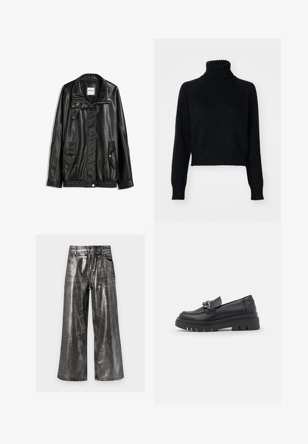 Czarna skórzana kurtka z zamkiem błyskawicznym z przodu, z zapięciem na napy, dwoma bocznymi kieszeniami i elastycznym dołem. Ma wyprofilowany kołnierz i gładką teksturę.; Czarny sweter z wysokim kołnierzem o skróconym fasonie, z ściągaczami na mankietach i u dołu oraz teksturowanym splotem na całej powierzchni.; Metaliczne srebrne spodnie o szerokich nogawkach, z gładką, błyszczącą teksturą, z pięcioma kieszeniami i szlufkami na pasek. Prosty krój, casualowy styl.; Czarne buty typu loafer na grubej podeszwie, z gładkiej skóry, ozdobnym łańcuchem, oraz lekko podwyższonym obcasem z nacięciem.