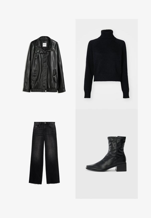 Mustat nahkatakki vetoketjulla edessä, napilla suljettava, kahdella sivutaskulla ja elastisella helmalla. Ominaisuuksiin kuuluu muotoiltu kaulus ja sileä pinta.; Tumman värinen neulottu poolopaita, jossa on lyhennetty malli, resorihihansuut ja -helma sekä teksturoitu kudonta kauttaaltaan.; Mustat leveälahkeiset farkut, jotka on valmistettu deniinistä. Ominaisuuksiin kuuluu korkea vyötärö, viisi taskua ja hapsutettu helma, jossa on lievää haalistumista. Säännöllinen istuvuus.; Mustat nahkasaappaat, jotka ulottuvat keskileiluun, neliskanttinen kärki, sivuvetoketju ja paksu korko, valkoista taustaa vasten.